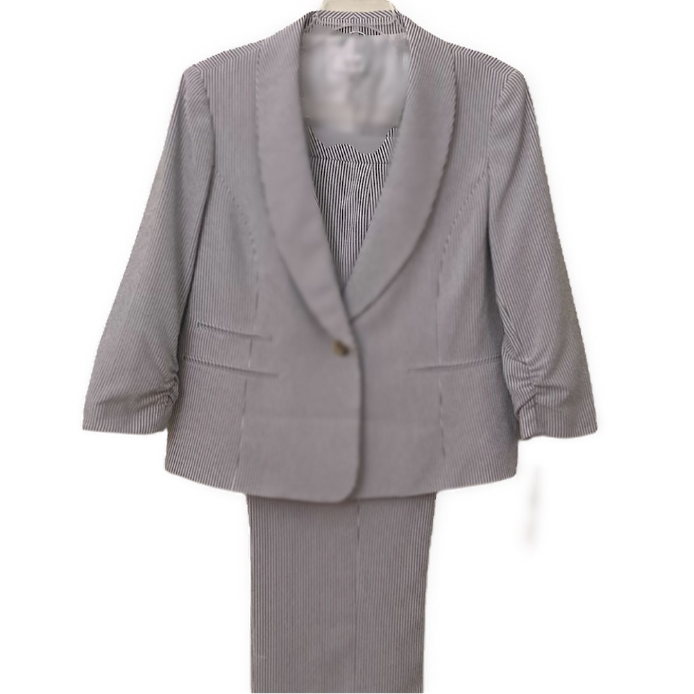 NWT  Le Suit Petite Striped Ruched-Sleeve Fully Lined One-Button Pantsuit - Picture 7 of 9